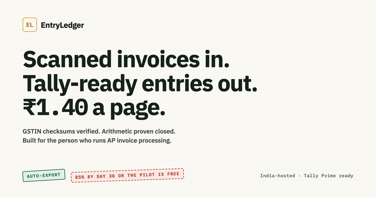 EntryLedger product screenshot showing a scanned supplier invoice validated into a Tally-ready voucher entry