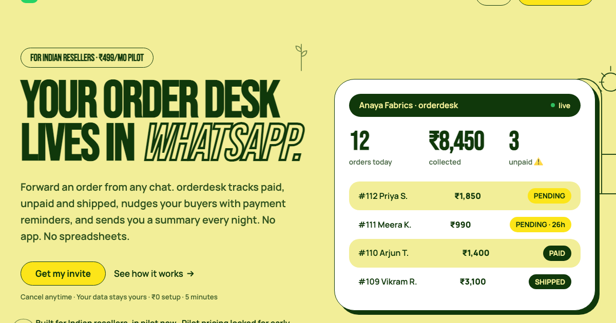 orderdesk marketing hero showing a WhatsApp order desk with today's orders, amounts collected, and paid and shipped statuses