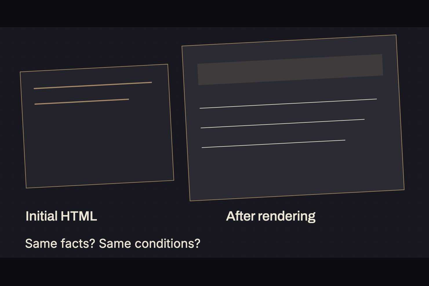 Conceptual cinematic frames compare initial HTML with rendered content under the same conditions; this is not a captured website or a measured JavaScript failure.