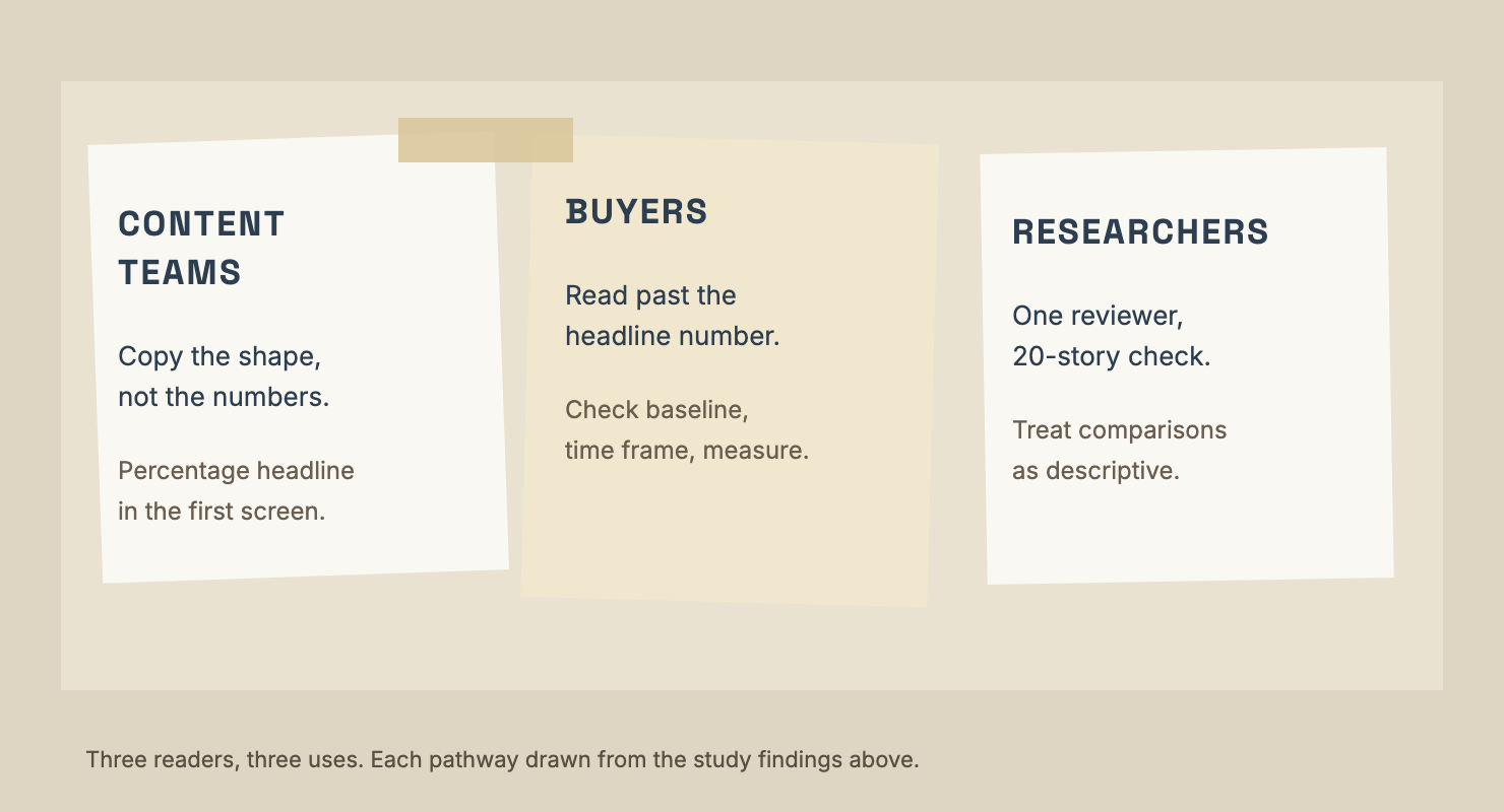 Three paper scraps listing what content teams, buyers and researchers should take from the study.