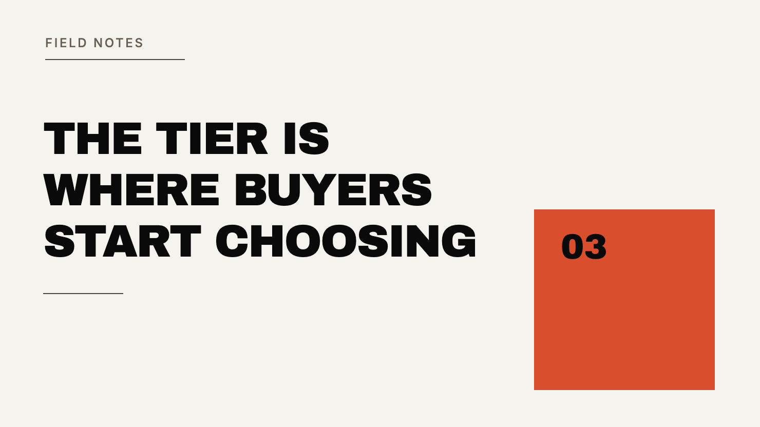 Editorial cover: bold type reading that the tier is where buyers start choosing, with a rust square marked 03.