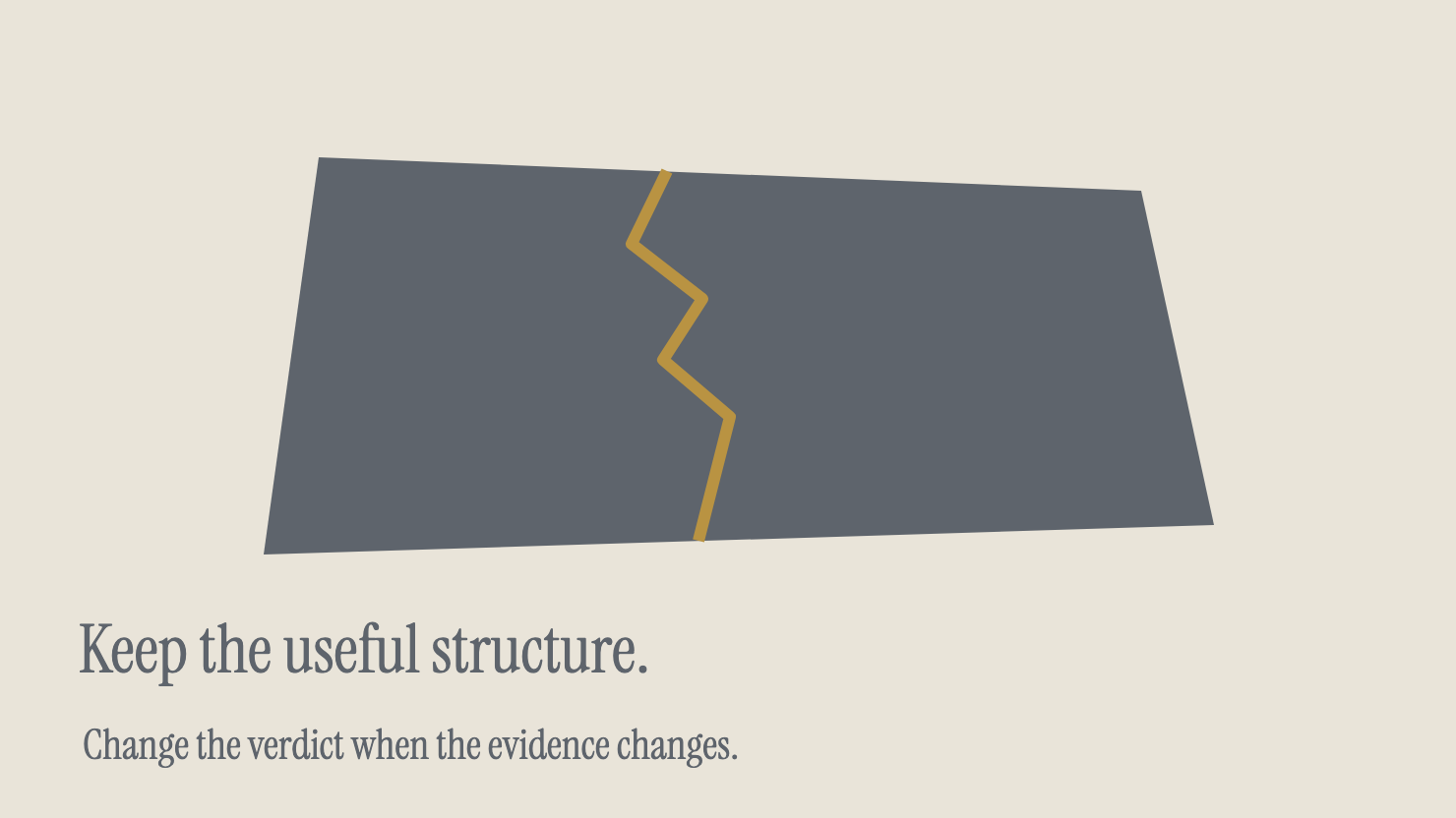 One repaired comparison surface retains its useful structure; gold seam marks a correction, and the caption says to change the verdict when evidence changes.