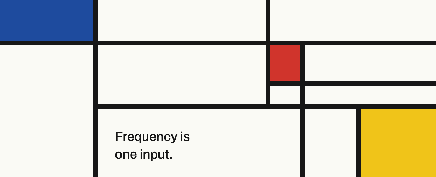 Unequal abstract grid compartments keep a small highlighted item visible; frequency is one prioritisation input, not a quantified measure of commercial value.