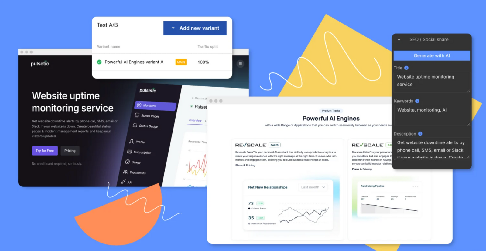 Montage d'interfaces de création de landing pages et d'expérimentation marketing.